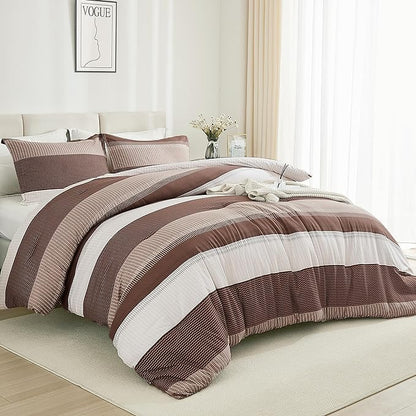 Litanika Brown Comforter Set King - 3 Pieces Lightweight Brown White Colorblock Stripe Fluffy Bedding Comforter Sets, All Season Bed Set