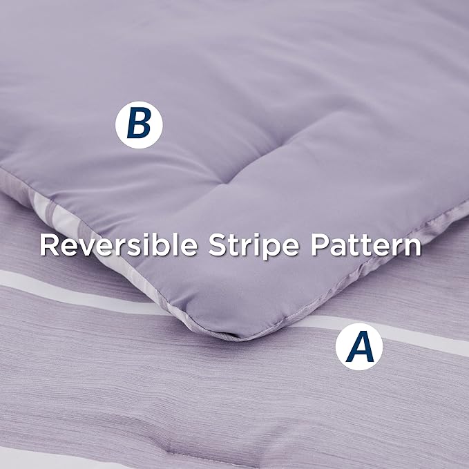 Bedsure Bed in a Bag Full Size 7 Pieces, Purple White Striped Bedding Comforter Sets All Season Bed Set, 2 Pillow Shams, Flat Sheet, Fitted Sheet and 2 Pillowcases