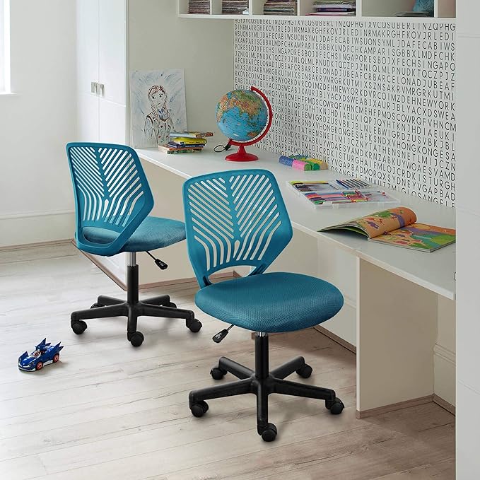 Yaheetech Students Cute Desk Chair Low-Back Armless Study Chair w/Lumbar Support Adjustable Swivel Chair in Home Bedroom School, Turquoise