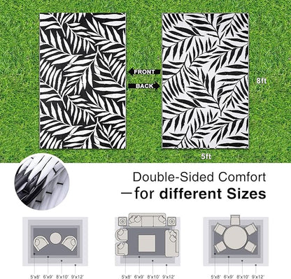 OLANLY Waterproof Outdoor Rug 5x8 ft, Reversible Outdoor Plastic Straw Rug with Leaf Pattern, RV Mat, Indoor Outdoor Carpet for Patio, Camping, Balcony, Deck, Backyard, Black & White