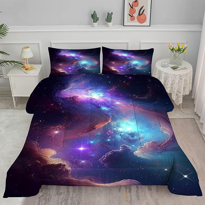 Galaxy Bedding Set Twin Size Blue Purple Outer Space Comforter Sets for Girls Boys Kids Teens Women Starry Glitter Nebula Quilt 1 Comforter + 1 Pillow Case
