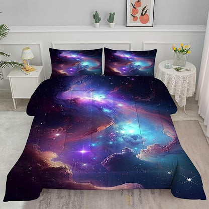 Purple Galaxy Bedding Set Full Size Outer Space Comforter Set for Girls Teens Kids Women Boys Starry Nebula Blue Glitter Quilt 1 Comforter + 2 Pillow Cases