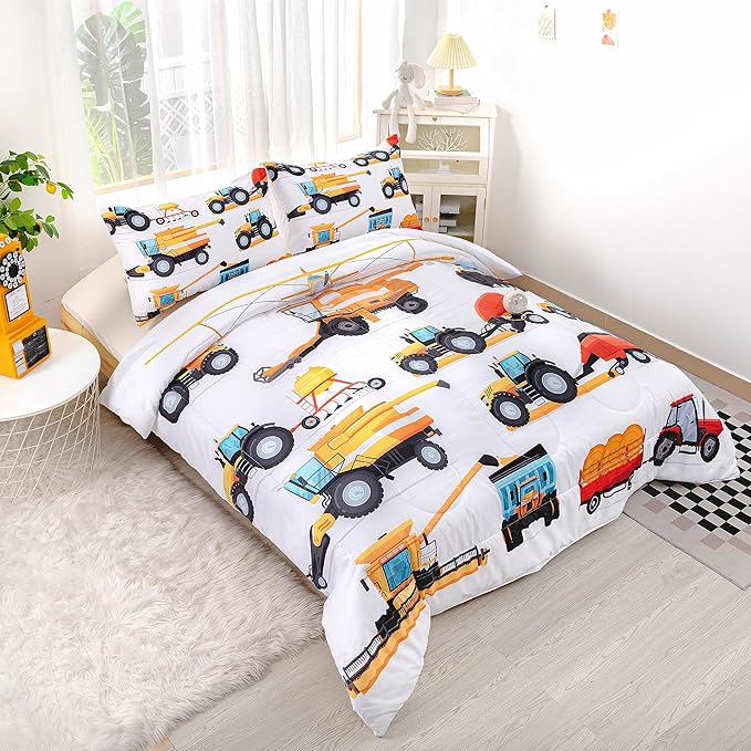 CVHOUSE Tractor Bedding Sets for Boys,Excavators Comforter Queen,Boys Cartoon Truck Comforter Set,Trucks Tractors Cars Quilt Set with 1 Comforter and 2 Pillow Cases- 3 Piece