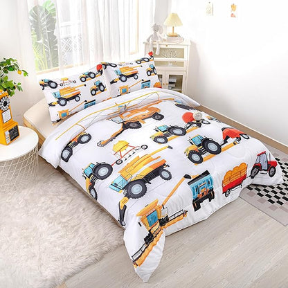 CVHOUSE Tractor Bedding Sets for Boys,Excavators Comforter Queen,Boys Cartoon Truck Comforter Set,Trucks Tractors Cars Quilt Set with 1 Comforter and 2 Pillow Cases- 3 Piece