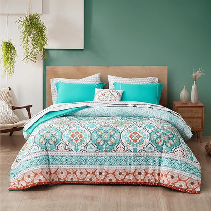 Degrees of Comfort Twin Bed in A Bag 6 Piece, Lattice Boho Bedding Sets for Teen Girls, Aqua Floral Bed Set, Microfiber Colorful Comforter Set with Sheets, Matching Decorative Pillow
