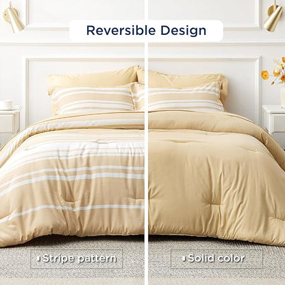 Bedsure Bed in a Bag Queen Size 7-Piece Yellow White Striped Bedding Comforter Sets All Season Bed Set, 2 Pillow Shams, Flat Sheet, Fitted Sheet and 2 Pillowcases