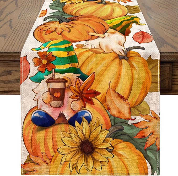 Fall Table Runner 108 Inches Long Autumn Table Runner Pumpkins Maple Leaves Gnome Fall Theme Decor for Kitchen Dining Table Home Party Decorations