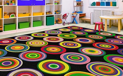 Flagship Carpets Color Rings Colorful Children's Area Rug for Kids Room Circle Seating Décor, Play Carpet for Teaching and Playing, Seats 35, 10'6" x 13'2, Black