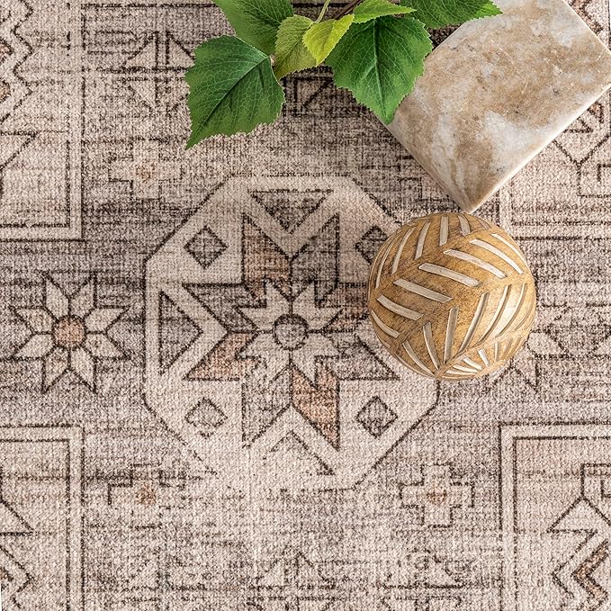 nuLOOM Amie Persian Border Machine Washable Ultra Thin Area Rug, 4' x 6', Light Brown