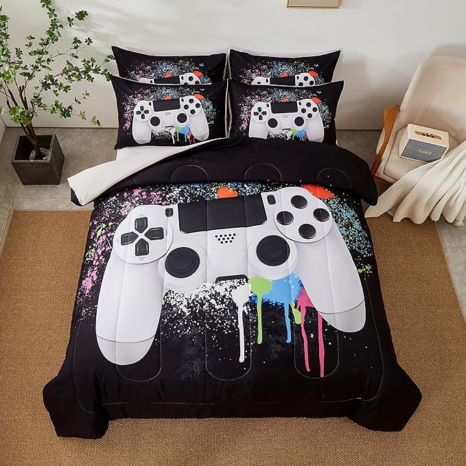 Gamer Bedding Sets for Boys, Full Size 3-Piece Gaming Comforter Sets for Kids Teens, Soft Microfiber Video Game Bedding Sets for Game Lovers, 1 Comforter and 2 Pillowcase(White,Full)