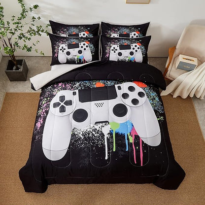 Gamer Bedding Sets for Boys, Full Size 3-Piece Gaming Comforter Sets for Kids Teens, Soft Microfiber Video Game Bedding Sets for Game Lovers, 1 Comforter and 2 Pillowcase(White,Full)