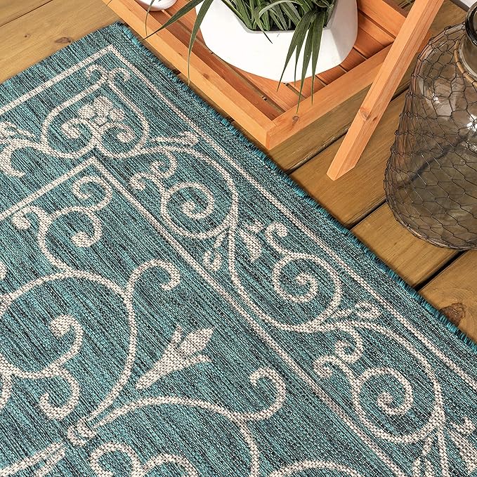 JONATHAN Y Vintage Filigree Indoor Outdoor Round Area Rug 8 Ft Teal/Gray, Charleston Textured Weave for Backyard, Patio, Porch, Easy-Cleaning, High Traffic, Pet-Friendly, Non-Shedding (SMB106F-8R)