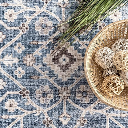 nuLOOM Shae Faded Persian Bordered Machine Washable Ultra Thin Area Rug, 8' x 10', Blue