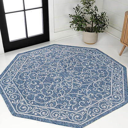 JONATHAN Y Vintage Filigree Indoor Outdoor Octagon Area Rug 5 Ft Navy/Gray, Charleston Textured Weave for Backyard, Patio, Porch, Easy-Cleaning, High Traffic, Pet-Friendly, Non-Shedding SMB106D-5TGN