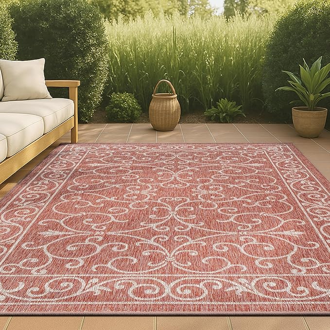 JONATHAN Y Vintage Filigree Indoor Outdoor Area Rug 8X10 Red/Beige, Charleston Textured Weave for Backyard, Patio, Porch, Easy-Cleaning, High Traffic, Pet-Friendly, Non-Shedding (SMB106B-8)