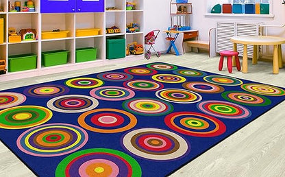 Flagship Carpets Color Rings Colorful Children's Area Rug for Kids Room Circle Seating Décor, Play Carpet for Teaching and Playing, Seats 24, 7'6" x 12', Indigo Blue