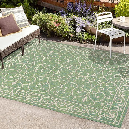JONATHAN Y Vintage Filigree Indoor Outdoor Area Rug 9X12 Green/Ivory, Charleston Textured Weave for Backyard, Patio, Porch, Easy-Cleaning, High Traffic, Pet-Friendly, Non-Shedding (SMB106K-9)