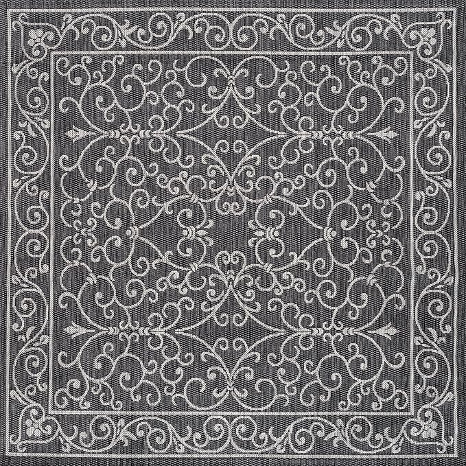 JONATHAN Y Vintage Filigree Indoor Outdoor Square Area Rug 9X9 Black/Gray, Charleston Textured Weave for Backyard, Patio, Porch, Easy-Cleaning, High Traffic, Pet-Friendly, Non-Shedding (SMB106G-9SQ)