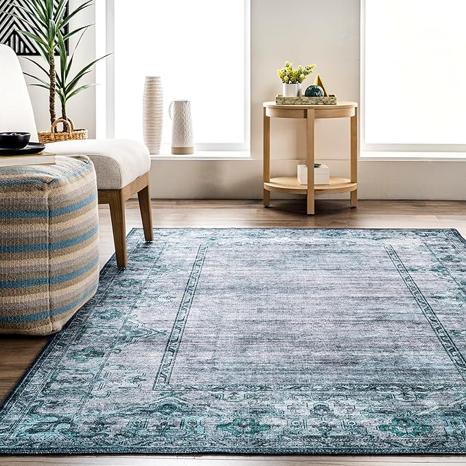 nuLOOM Eveline Distressed Persian Machine Washable Ultra Thin Area Rug, 8' x 10', Blue
