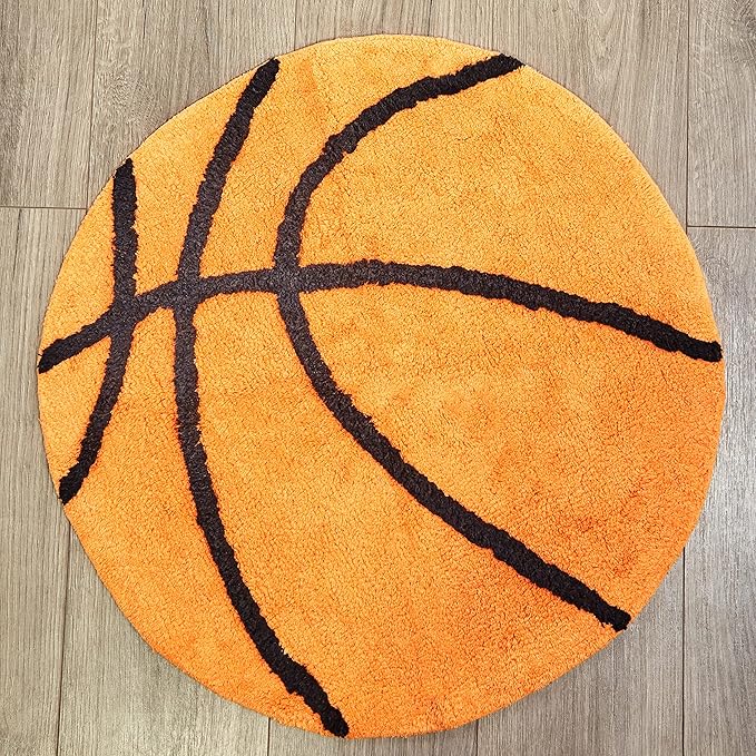 Hand Tufted Basketball Bedroom or Bathroom Rug - 25 in Round; 100% Cotton Kids Bathroom Mat; Decorative Kids Area Rug