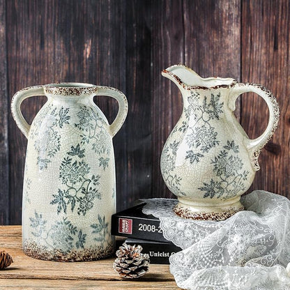 Enra Tall Vintage Blue and White Ceramic Vase with Handle, 11.2 Inch Chinoiserie Decorative Floral Vase, Large Rustic Ceramic Vase for Living Room, Office, Bookshelf, Home Decor