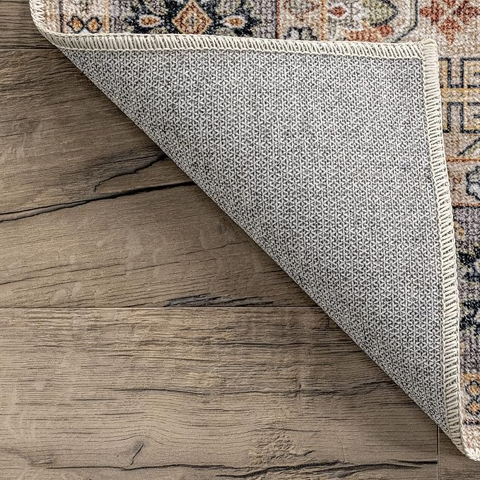 nuLOOM Annelle Floral Border Machine Washable Ultra Thin Area Rug, 4' x 6', Beige