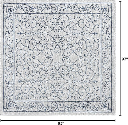 JONATHAN Y Vintage Filigree Indoor Outdoor Square Area Rug 8X8 Gray/Navy, Charleston Textured Weave for Backyard, Patio, Porch, Easy-Cleaning, High Traffic, Pet-Friendly, Non-Shedding (SMB106C-8SQ)