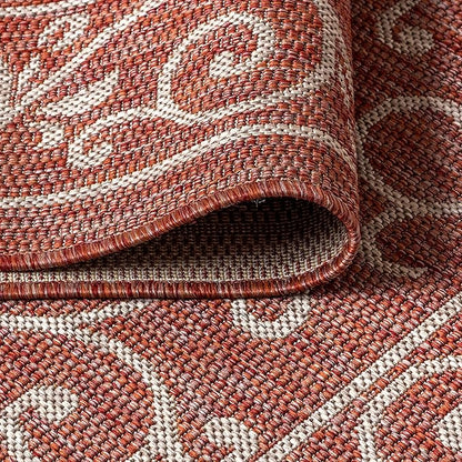 JONATHAN Y Vintage Filigree Indoor Outdoor Round Area Rug 8 Ft Red/Beige, Charleston Textured Weave for Backyard, Patio, Porch, Easy-Cleaning, High Traffic, Pet-Friendly, Non-Shedding (SMB106B-8R)