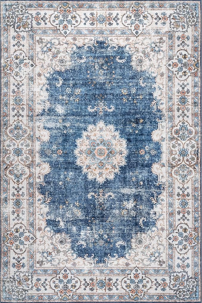 nuLOOM Ren Vintage Floral Machine Washable Ultra Thin Area Rug, 8x10, Blue