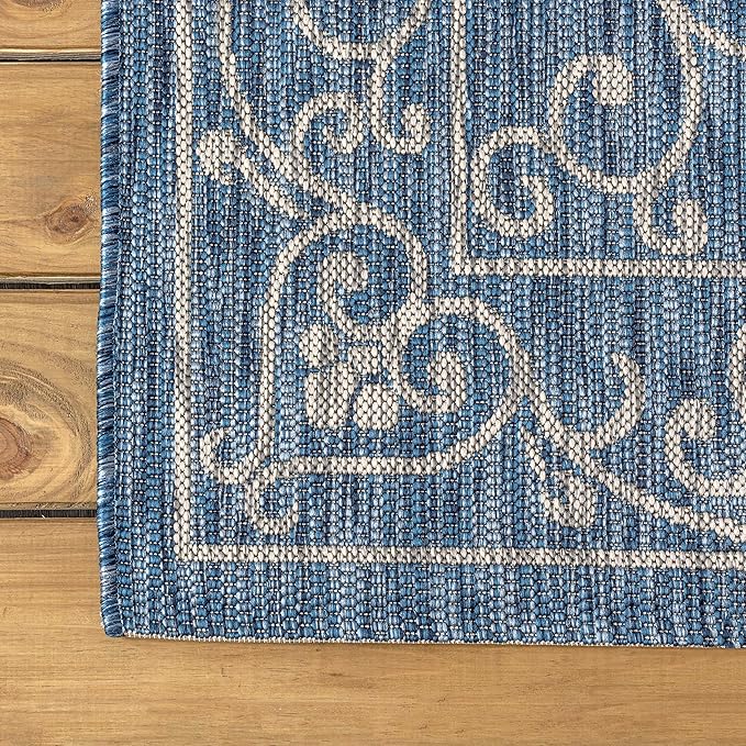 JONATHAN Y Vintage Filigree Indoor Outdoor Round Area Rug 4 Ft Navy/Gray, Charleston Textured Weave for Backyard, Patio, Porch, Easy-Cleaning, High Traffic, Pet-Friendly, Non-Shedding (SMB106D-4R)