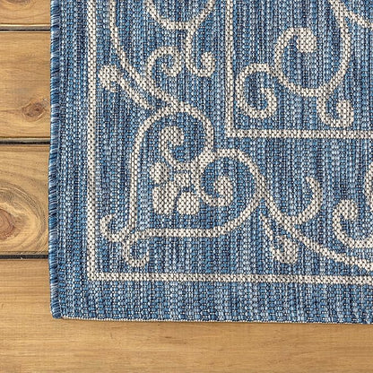JONATHAN Y Vintage Filigree Indoor Outdoor Round Area Rug 4 Ft Navy/Gray, Charleston Textured Weave for Backyard, Patio, Porch, Easy-Cleaning, High Traffic, Pet-Friendly, Non-Shedding (SMB106D-4R)