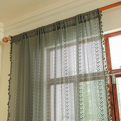 Sutuo Home Boho Curtains for Bedroom Living Room 72 inches Long, Crochet Lace Sheer Bohemian Hollow Knitted with Tassels, Privacy Vintage Farmhouse, Rod Pocket 1 Panel 59" W x 72" L,Olive Green