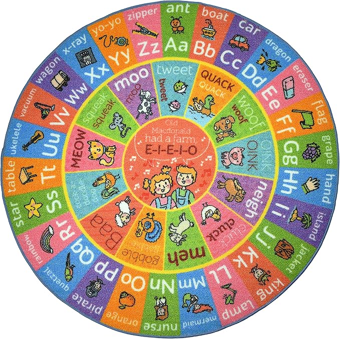 KC Cubs Playtime Collection ABC Alphabet with Old MacDonald's Animals Educational Learning & Game Round Circle Area Rug Carpet for Kids and Children Bedrooms and Playroom