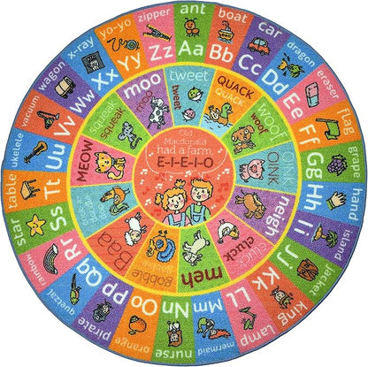 KC Cubs Playtime Collection ABC Alphabet with Old MacDonald's Animals Educational Learning & Game Round Circle Area Rug Carpet for Kids and Children Bedrooms and Playroom