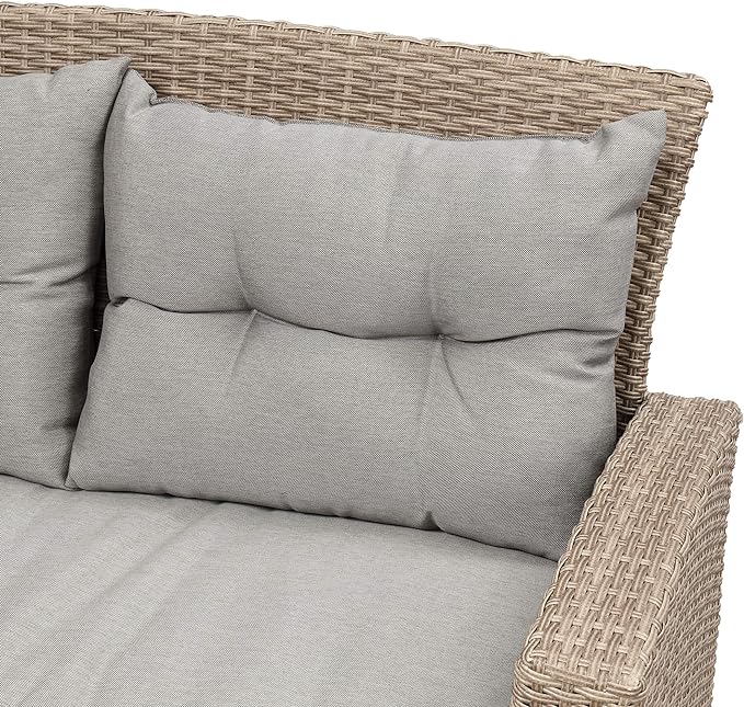 4-Piece Outdoor Patio Furniture Sets, All Weather Wicker Sectional Sofa Loveseat with Ottoman, Soft Cushions&Glass Table w/Shelf, Conversation Couch for Garden Backyard Poolside Deck, Gray