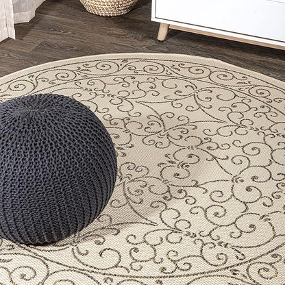 JONATHAN Y Vintage Filigree Indoor Outdoor Round Area Rug 4 Ft Beige/Brown, Charleston Textured Weave for Backyard, Patio, Porch, Easy-Cleaning, High Traffic, Pet-Friendly, Non-Shedding (SMB106A-4R)