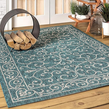 JONATHAN Y Vintage Filigree Indoor Outdoor Area Rug 9X12 Teal/Gray, Charleston Textured Weave for Backyard, Patio, Porch, Easy-Cleaning, High Traffic, Pet-Friendly, Non-Shedding (SMB106F-9)