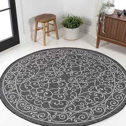 JONATHAN Y Vintage Filigree Indoor Outdoor Round Area Rug 8 Ft Black/Gray, Charleston Textured Weave for Backyard, Patio, Porch, Easy-Cleaning, High Traffic, Pet-Friendly, Non-Shedding (SMB106G-8R)