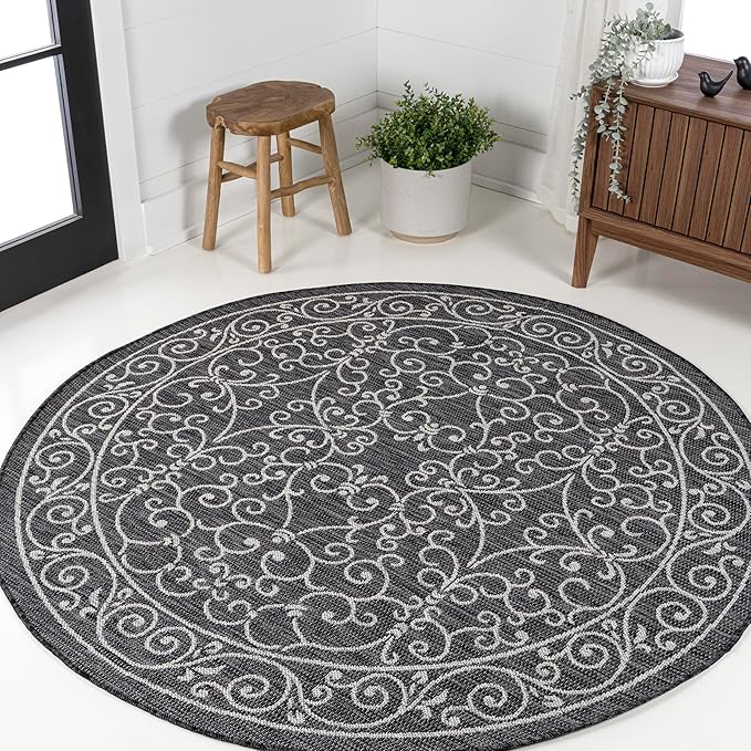 JONATHAN Y Vintage Filigree Indoor Outdoor Round Area Rug 3 Ft Black/Gray, Charleston Textured Weave for Backyard, Patio, Porch, Easy-Cleaning, High Traffic, Pet-Friendly, Non-Shedding (SMB106G-3R)