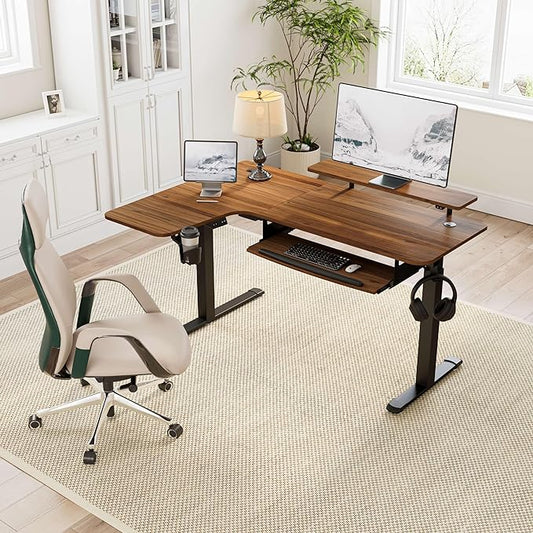 EUREKA ERGONOMIC Standing Desk Electric Adjustable Height (61"x43") Computer Desk with Keyboard Tray, Sit Stand Desk L Shaped Desk for Work/Home Office,Dual Motor,Memory Presets,2 USB/RGB,Walnut/Left