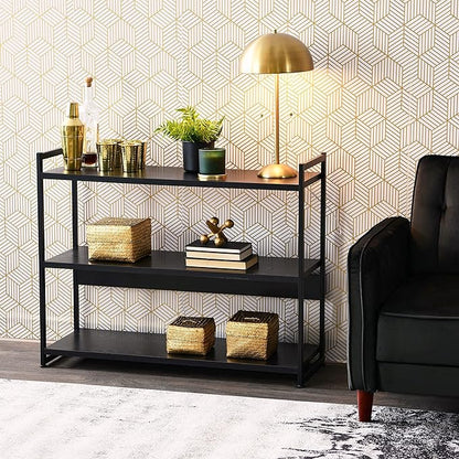 Household Essentials 3 Tier Wide Book Shelf, Medium, Black Oak Finish