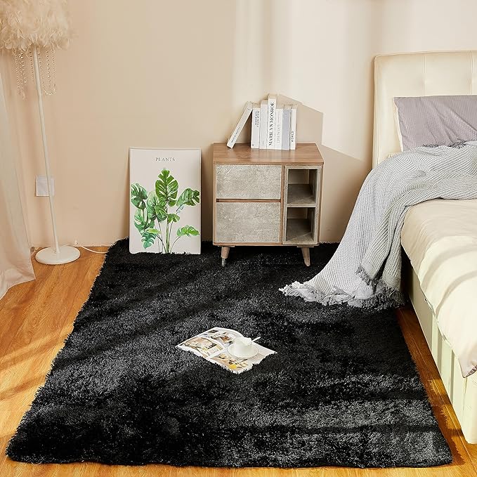 YOBATH Fluffy 8x10 Feet Area Rugs for Living Room Bedroom, Large Modern Soft Fuzzy Shaggy Carpet Shag Rugs Girls Boys Kids Nursery Dorm Room, Black