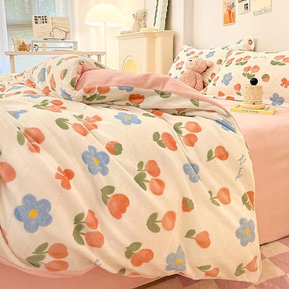 MorroMorn Twin Bedding Sets, Pink Tulips Floral Duvet Cover Set, Plush Fluffy Comforter Covers Lightweight Blanket Ultra Soft Cute for Girls Kids Toddler Teen Preppy Twin/Twin XL Size