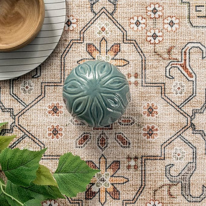 nuLOOM Annelle Floral Border Machine Washable Ultra Thin Area Rug, 4' x 6', Beige