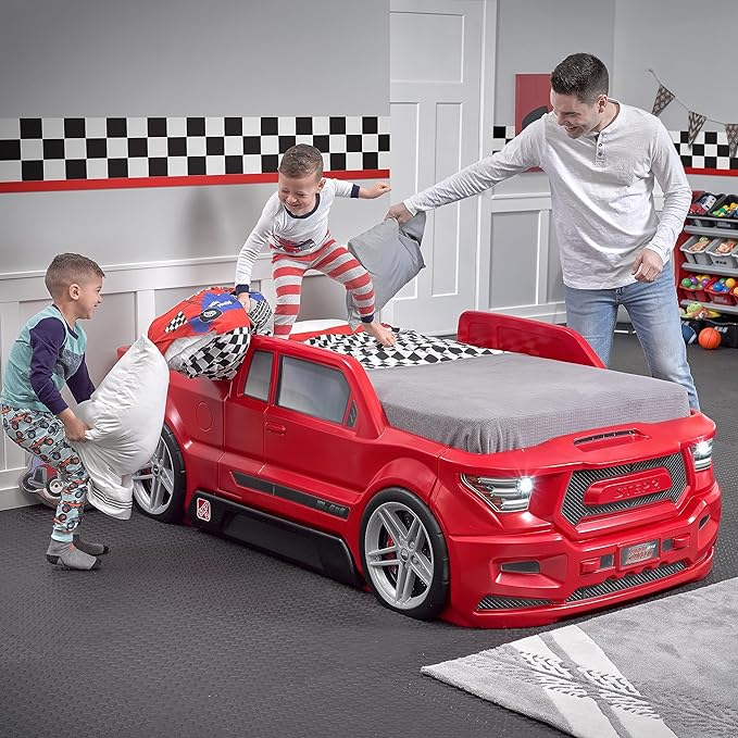 Step2 Turbocharged Twin Size Truck Car Bed, Car Bed for Boys and Girls, Working Headlights & Built-In Storage, Toddlers Ages 3+ Years Old, Adult Assembly Required, Vibrant Red