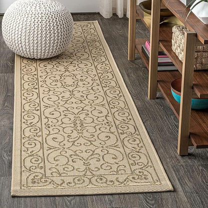 JONATHAN Y Vintage Filigree Indoor Outdoor Runner Rug 2X8 Beige/Brown, Charleston Textured Weave for Backyard, Patio, Porch, Easy-Cleaning, High Traffic, Pet-Friendly, Non-Shedding (SMB106A-28)