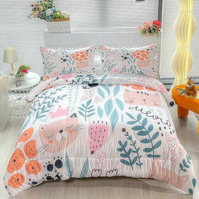 Cat Bedding,Cartoon Cat Comforter Twin,Animals Print Comforter Set for Kids,Kawaii Quilt Set with 1 Comforter and 2 Pillow Cases