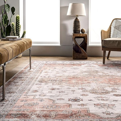 nuLOOM 5x8 Machine Washable Rain Haven Vintage Medallion Area Rug, Beige, Traditional Faded Design, Non-Slip Backing, Stain Resistant, For Bedroom, Dining Room, Living Room, Kitchen