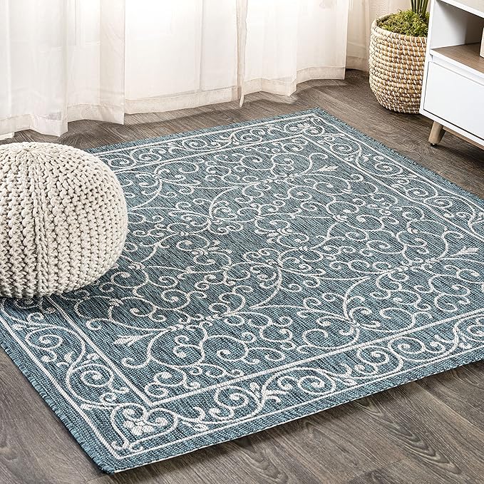 JONATHAN Y Vintage Filigree Indoor Outdoor Square Area Rug 9X9 Teal/Gray, Charleston Textured Weave for Backyard, Patio, Porch, Easy-Cleaning, High Traffic, Pet-Friendly, Non-Shedding (SMB106F-9SQ)