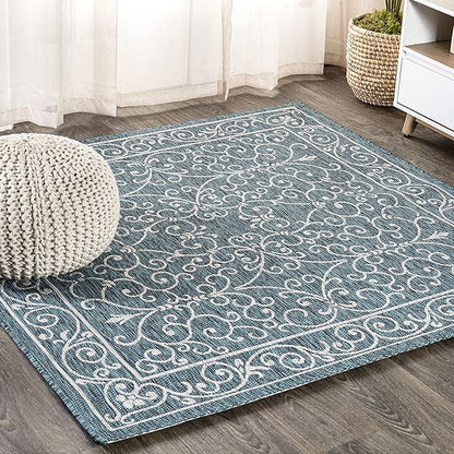 JONATHAN Y Vintage Filigree Indoor Outdoor Square Area Rug 8X8 Teal/Gray, Charleston Textured Weave for Backyard, Patio, Porch, Easy-Cleaning, High Traffic, Pet-Friendly, Non-Shedding (SMB106F-8SQ)